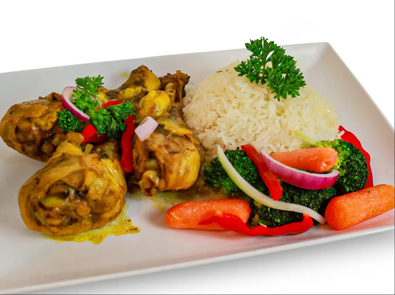 Chicken curry with white rice and vegetables