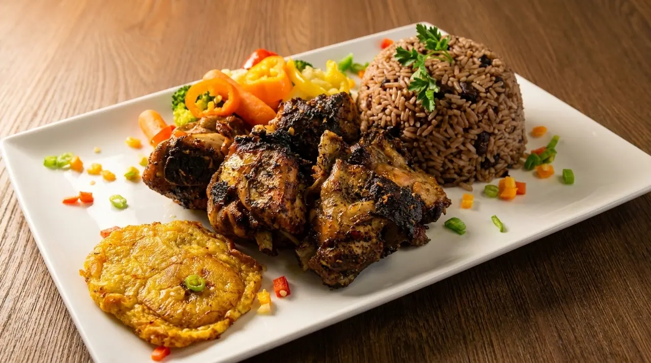 Jerk chicken with rice and peas and tostones
