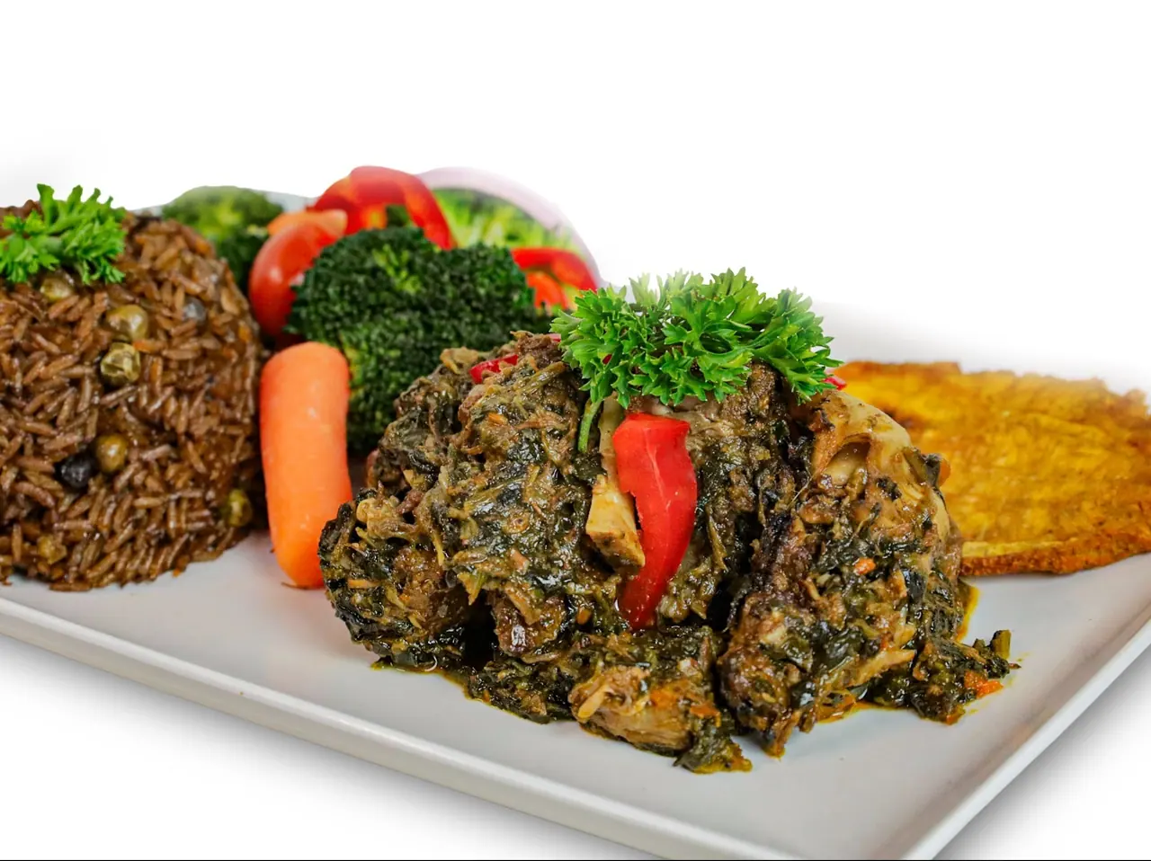 Legim with diri djon djon and fried plantain