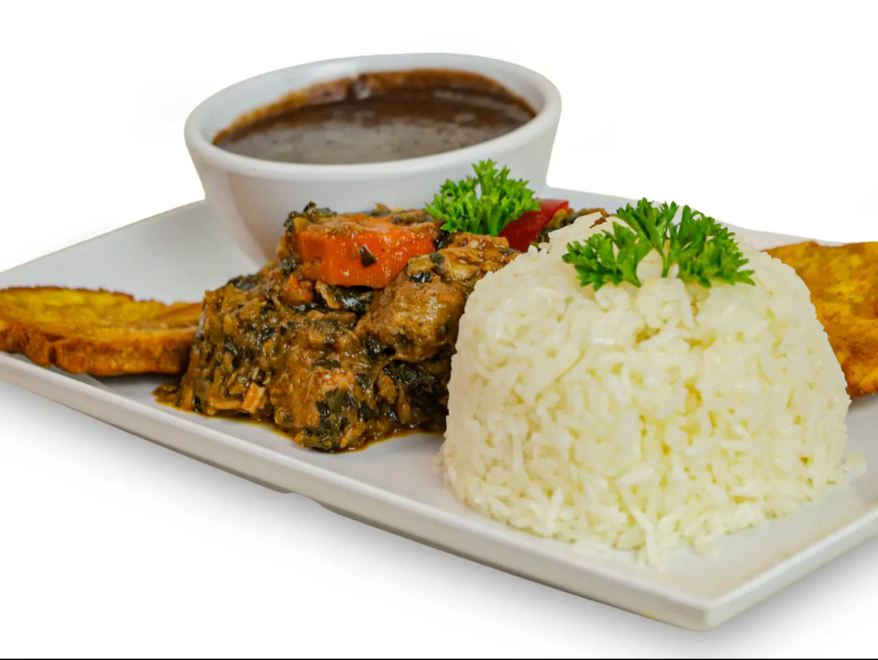 Legim with white rice, sauce pwa and plantain