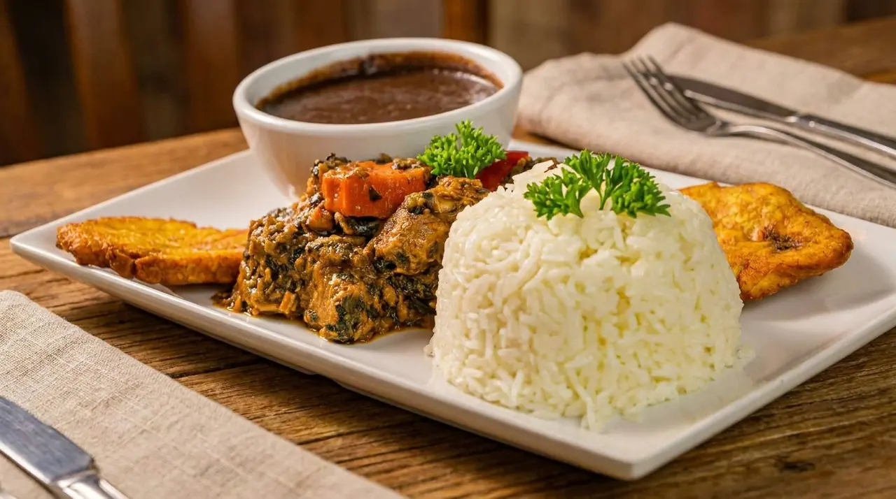Legim with white rice, sauce pwa and fried plantain