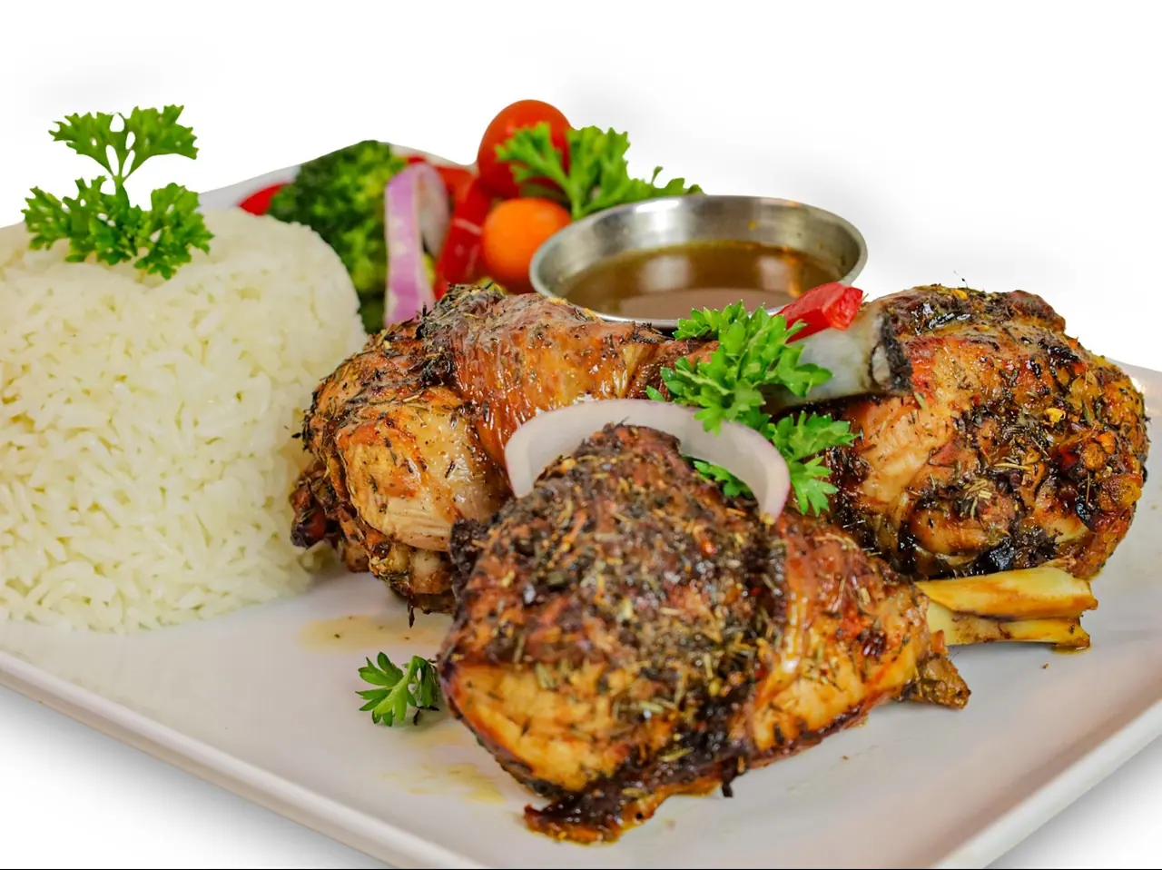 Roasted garlic chicken quarters with white rice