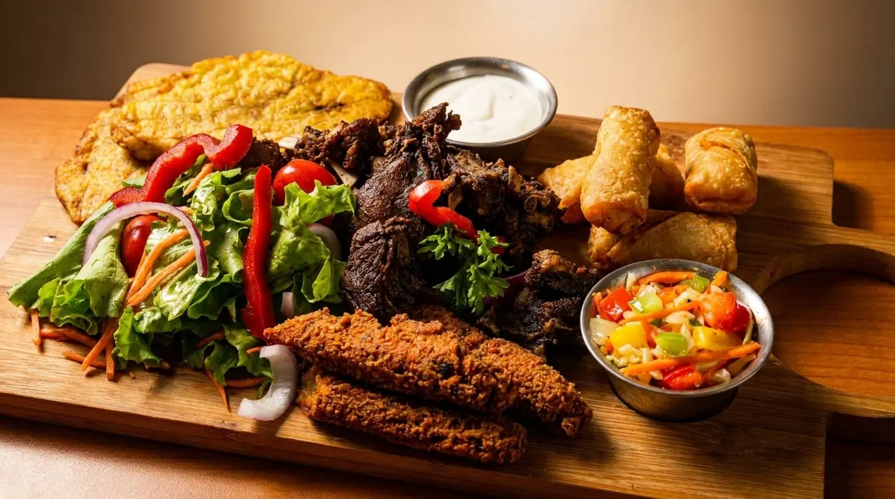 Sampler board with tostones, tassau, pate and pikliz